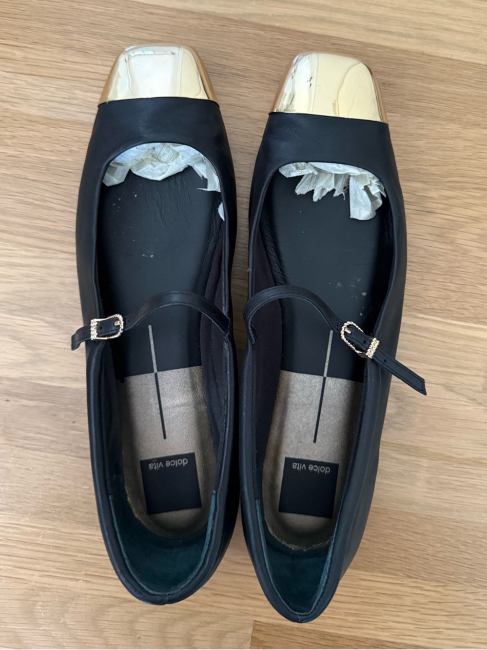 Dolce Vita Black Mary Jane Flats with Gold Cap Toe